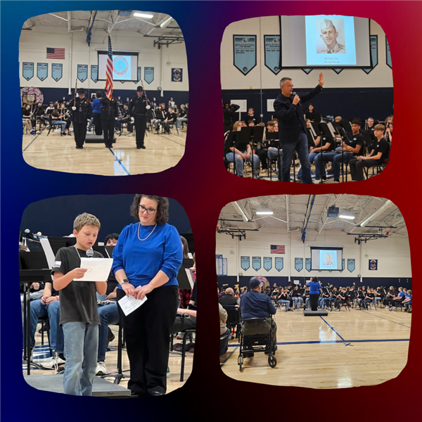  Collage of students playing instruments and reading letters to veterans